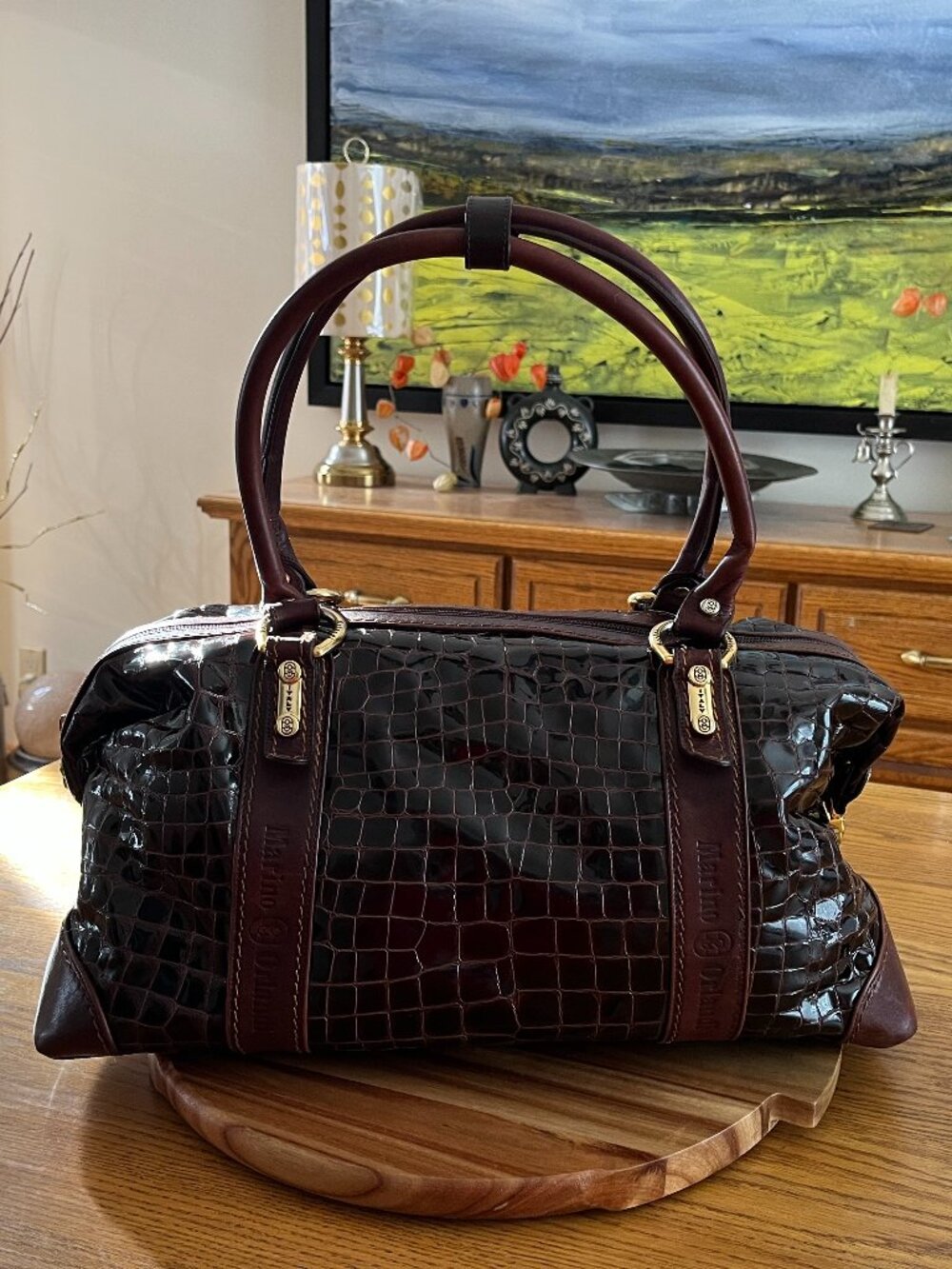 🌹 Marino Orlandi Italian Leather Croc Embossed Satchel - EUC